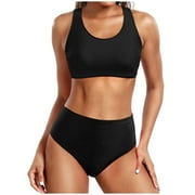 Summer Deals 2024 SMihono Women's High Waist Swimsuit Two Piece Bathing Suits Tankini Top with Boyshorts Tummy Control Swimwear Black S